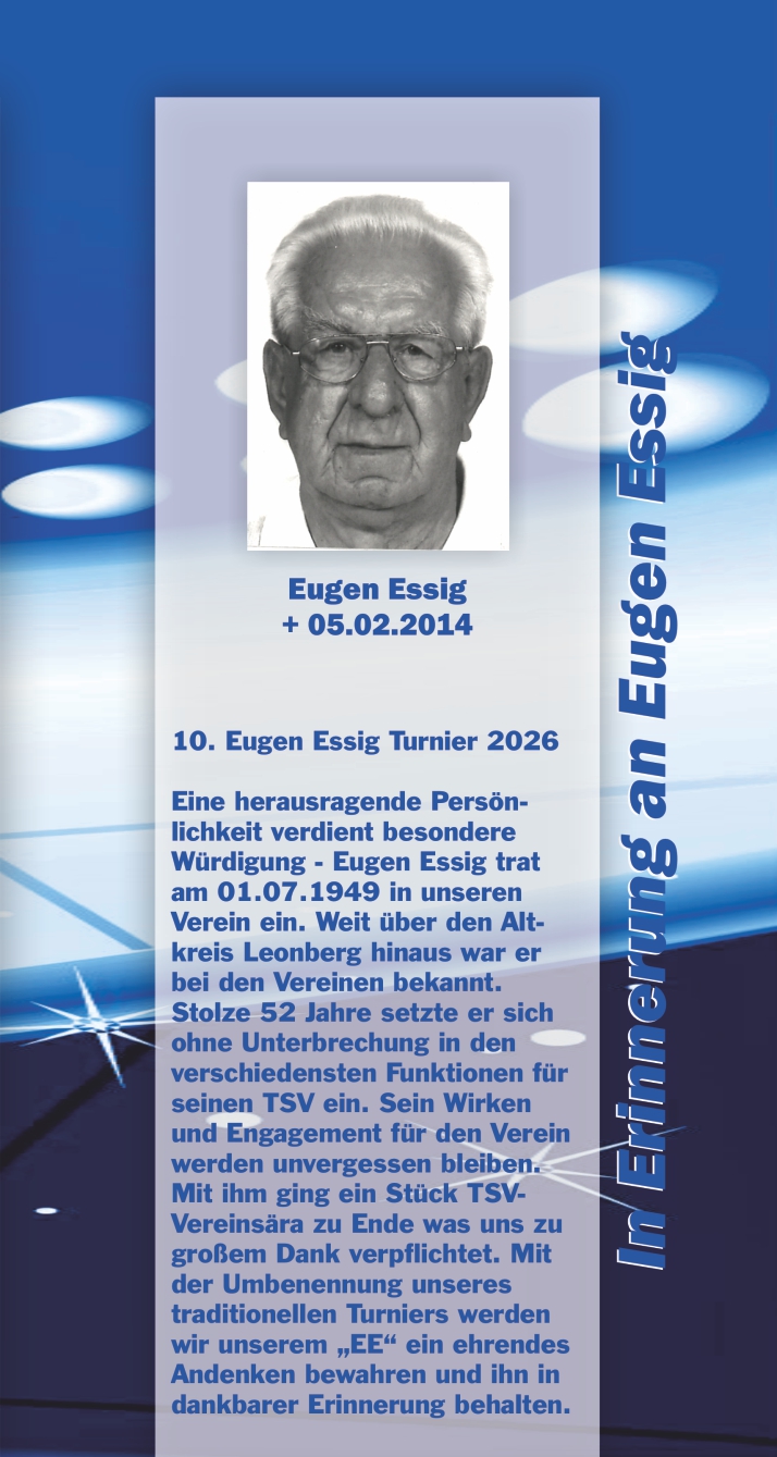 Morgen ist es endlich soweit! Das 10. Eugen Essig-Gedächtnis-Turnier 2026, präsentiert von Stuttgarter Hofbräu, startet auf dem Sportgelände des TSV Flacht! 