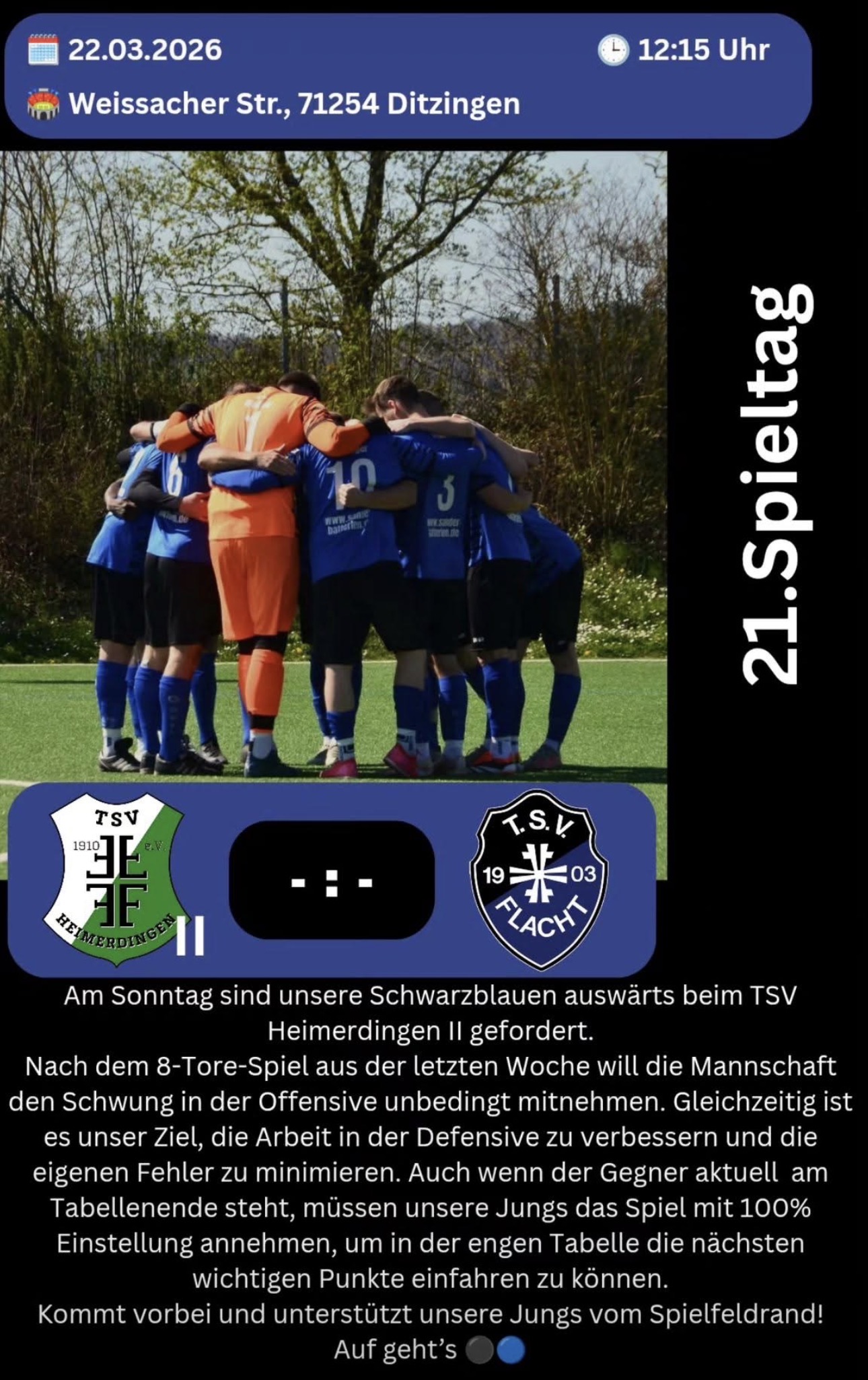 21. Spieltag: Schwarz/blau zu Gast beim TSV Heimerdingen II