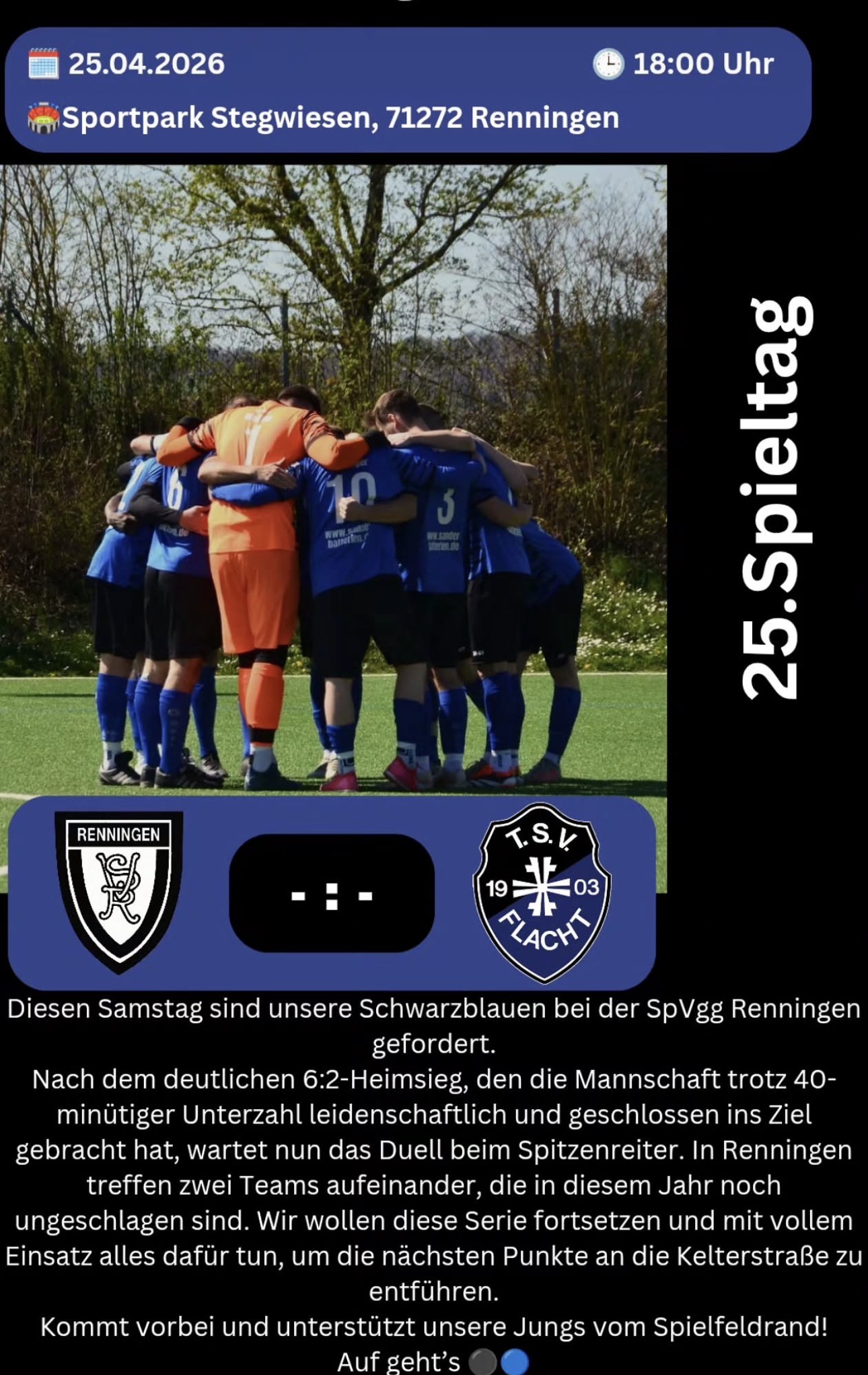Diesen Samstag sind unsere Schwarzblauen zu Gast bei der SpVgg Renningen