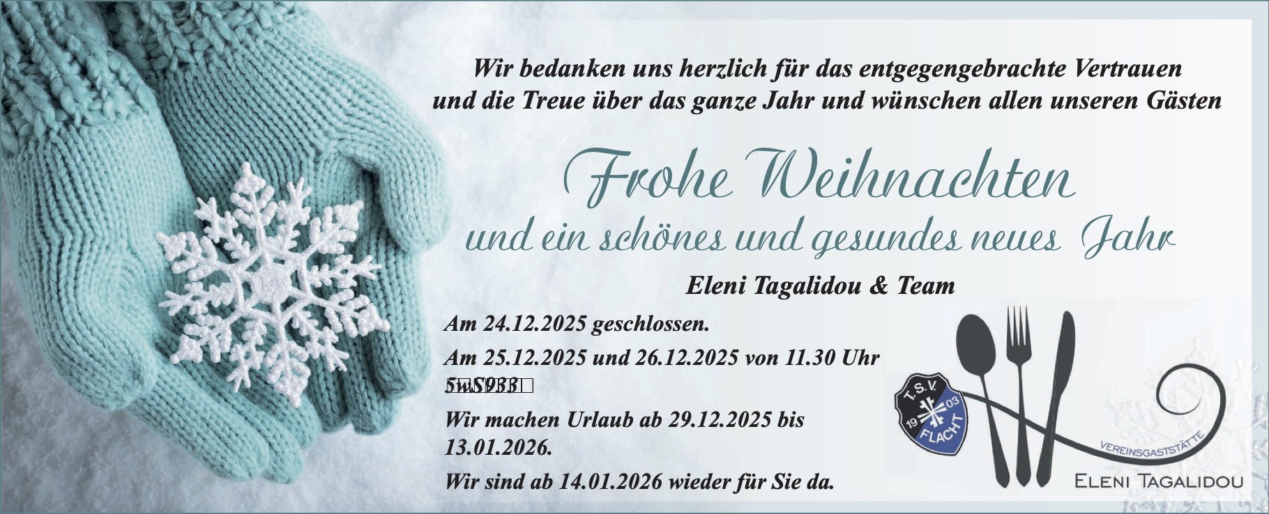 Öffnungszeiten über Weihnachten