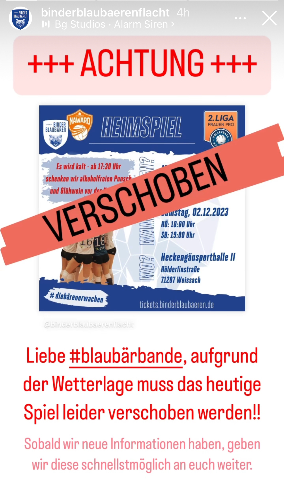Eilmeldung: ❌ Spielabsage der Binder Blaubären Flacht heute Abend!
