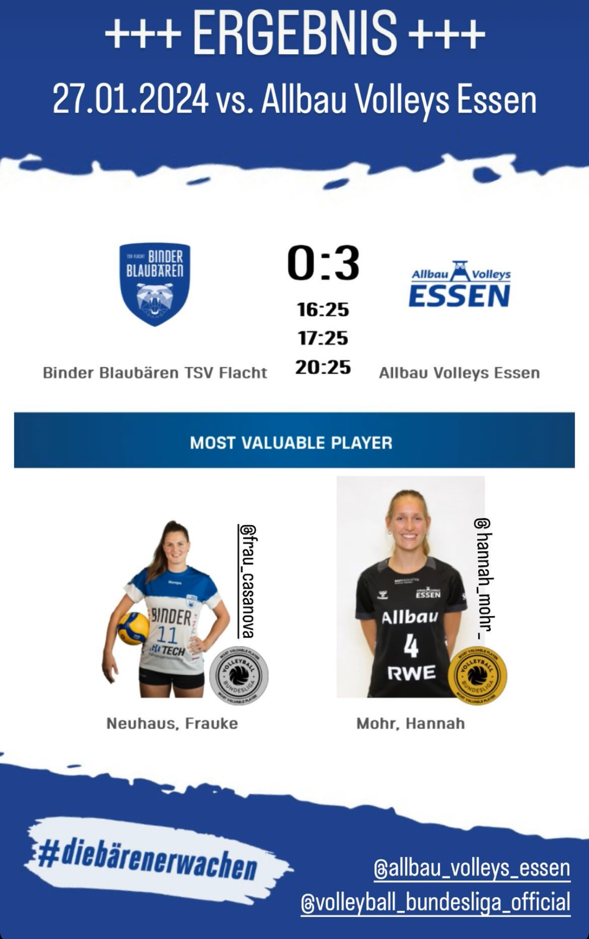 Binder Blaubären TSV Flacht vs Allbau Volleys Essen