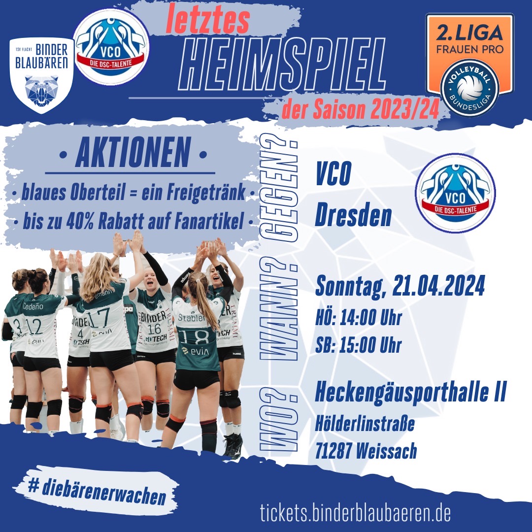 Einladung zum Heimspielen der Binder Blaubären TSV Flacht in der 2. Volleyball Bundesliga Pro am 21.04.24