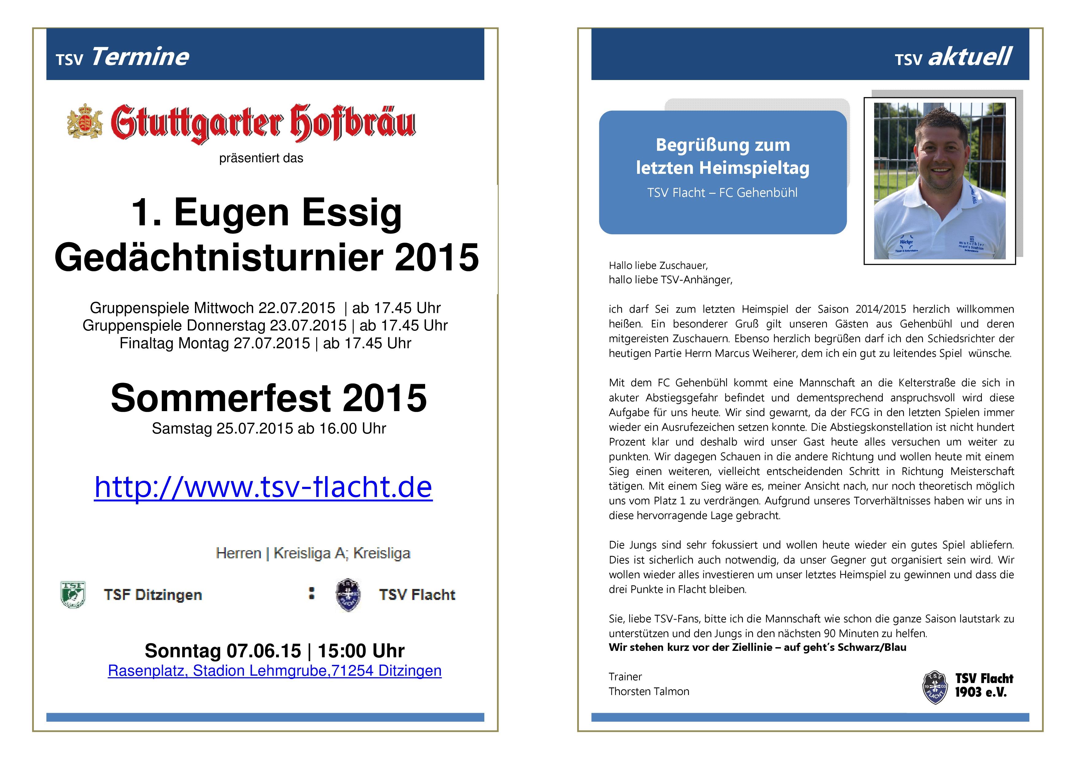 2015 05 31 Sondereinlage Sportplatzblätte 12. Heimspiel FC Gehenbühl