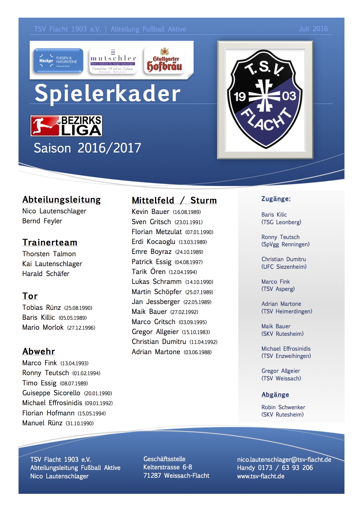 TSV Flacht Spielerkader Bezirksliag Saison 2016 2017 Kopie